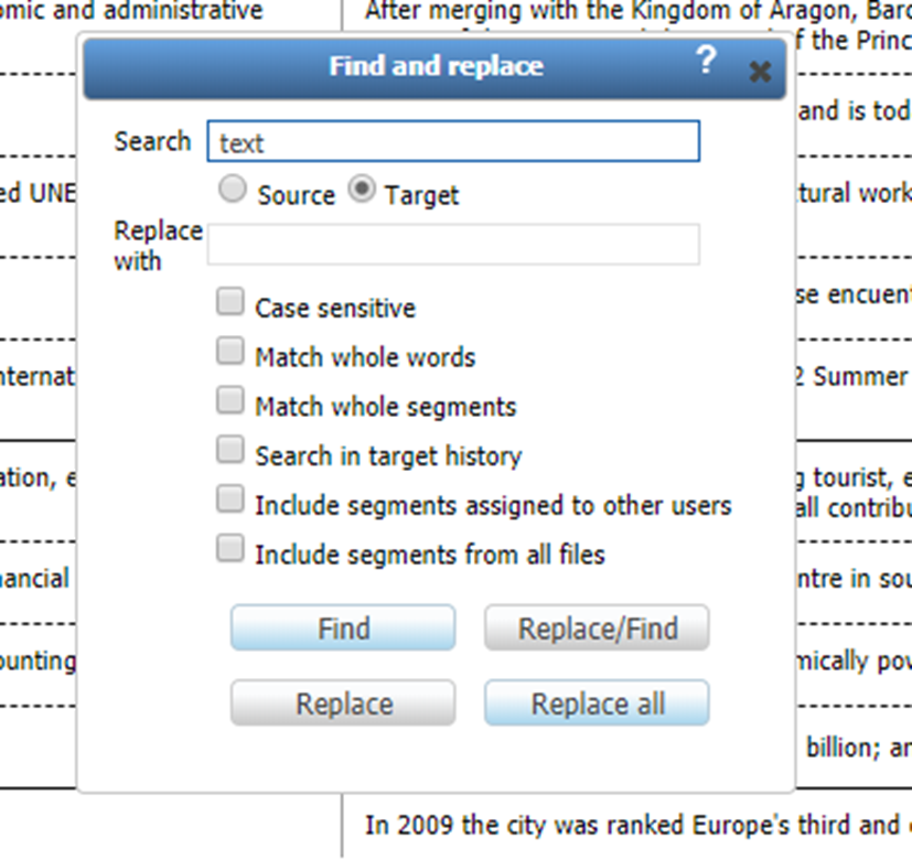 Find and Replace in XTM Welocalize