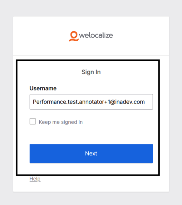Okta login page showing the Username field and Next button
