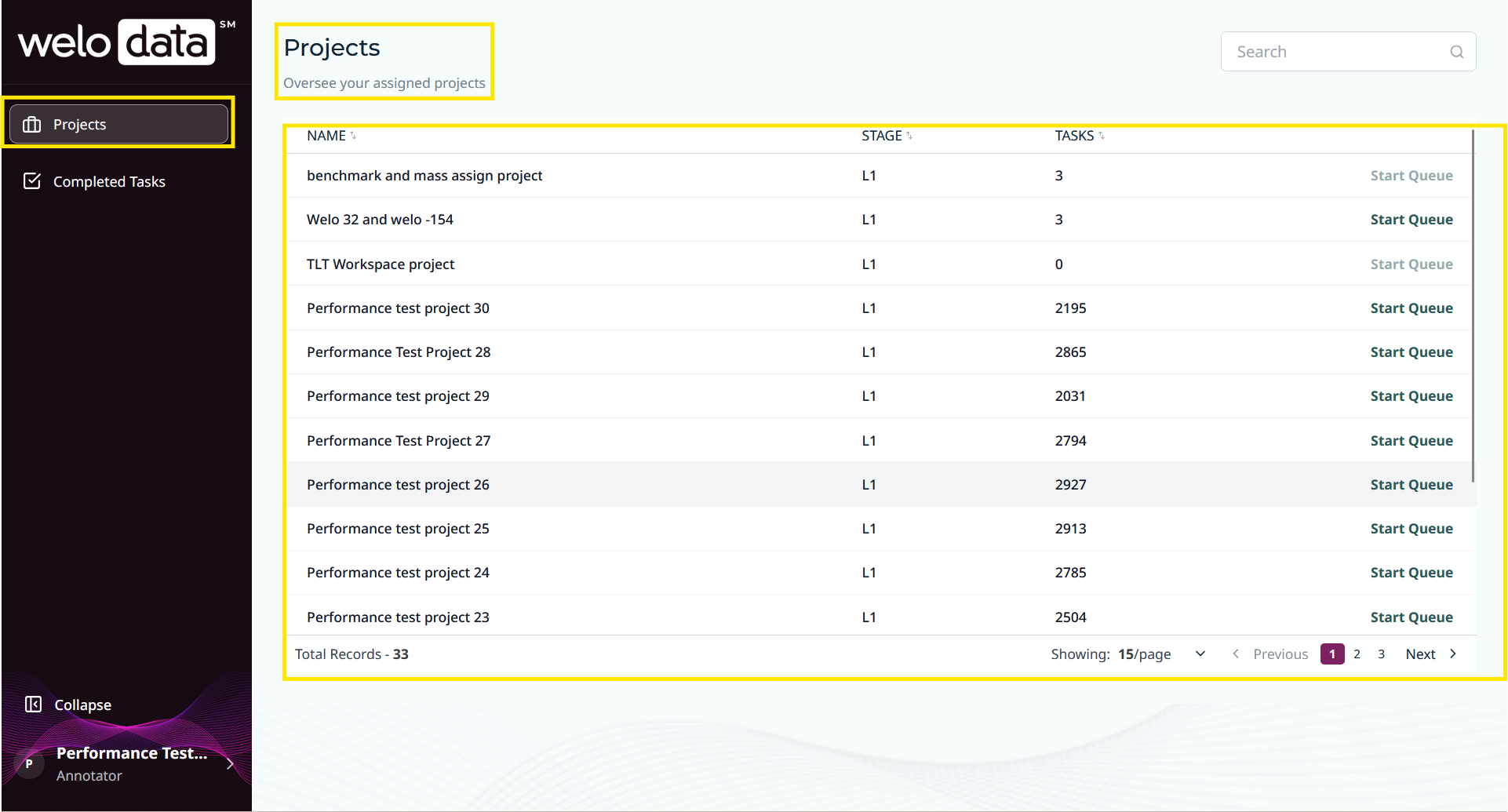 Projects page showing a list of assigned projects with Stage, Tasks, and Start Queue columns